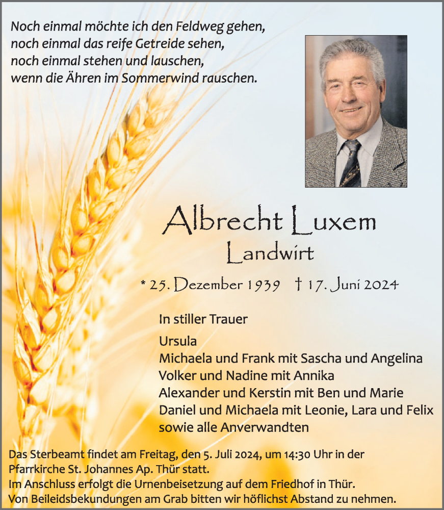  Traueranzeige für Albrecht Luxem vom 26.06.2024 aus WochenSpiegel