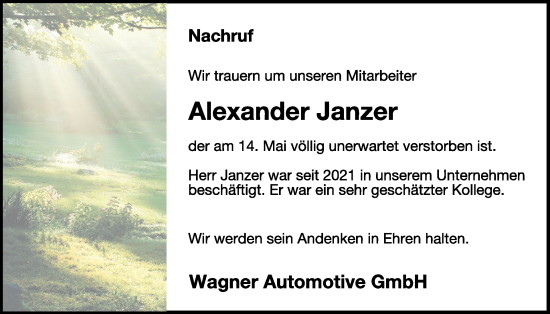 Traueranzeige von Alexander Janzer von WochenSpiegel