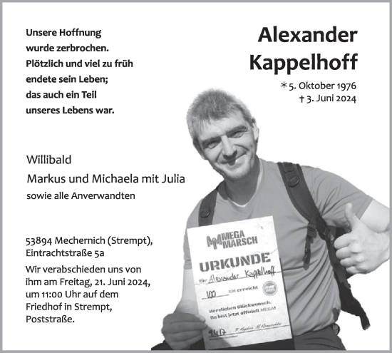 Traueranzeige von Alexander Kappelhoff von WochenSpiegel