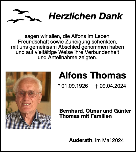 Traueranzeige von Alfons Thomas von WochenSpiegel