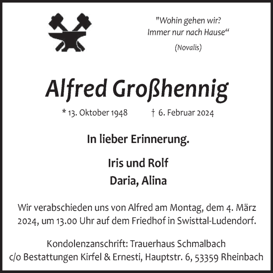 Traueranzeige von Alfred Großhennig von WochenSpiegel