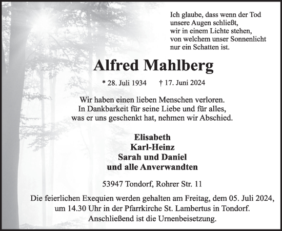 Traueranzeige von Alfred Mahlberg von WochenSpiegel