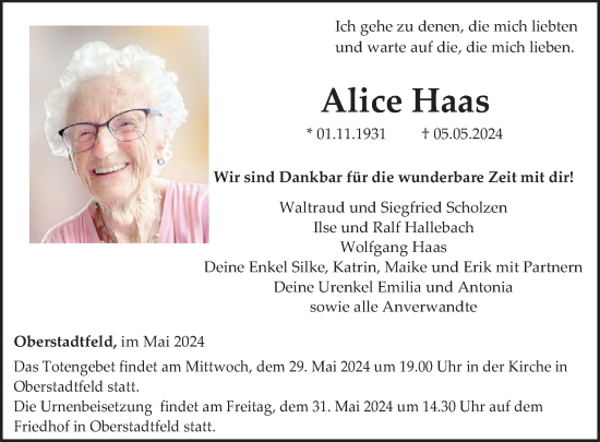 Traueranzeige von Alice Haas von WochenSpiegel