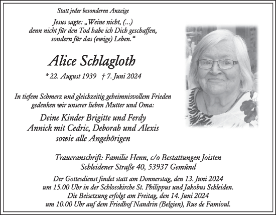 Traueranzeige von Alice Schlagloth von WochenSpiegel