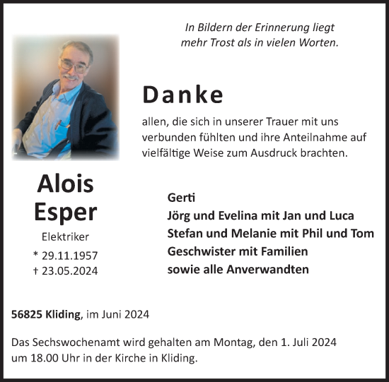 Traueranzeige von Alois Esper von WochenSpiegel