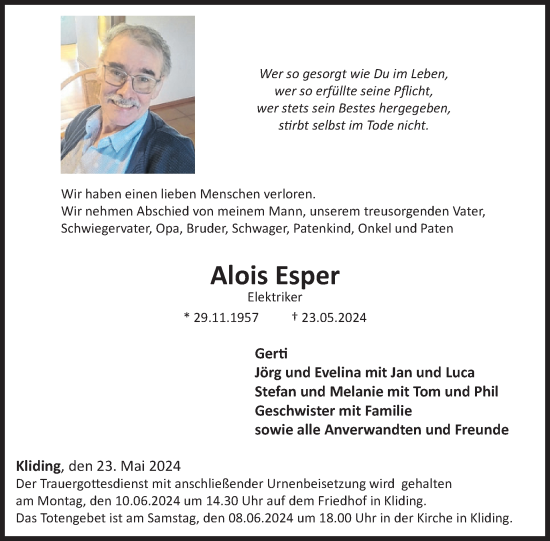Traueranzeige von Alois Esper von WochenSpiegel