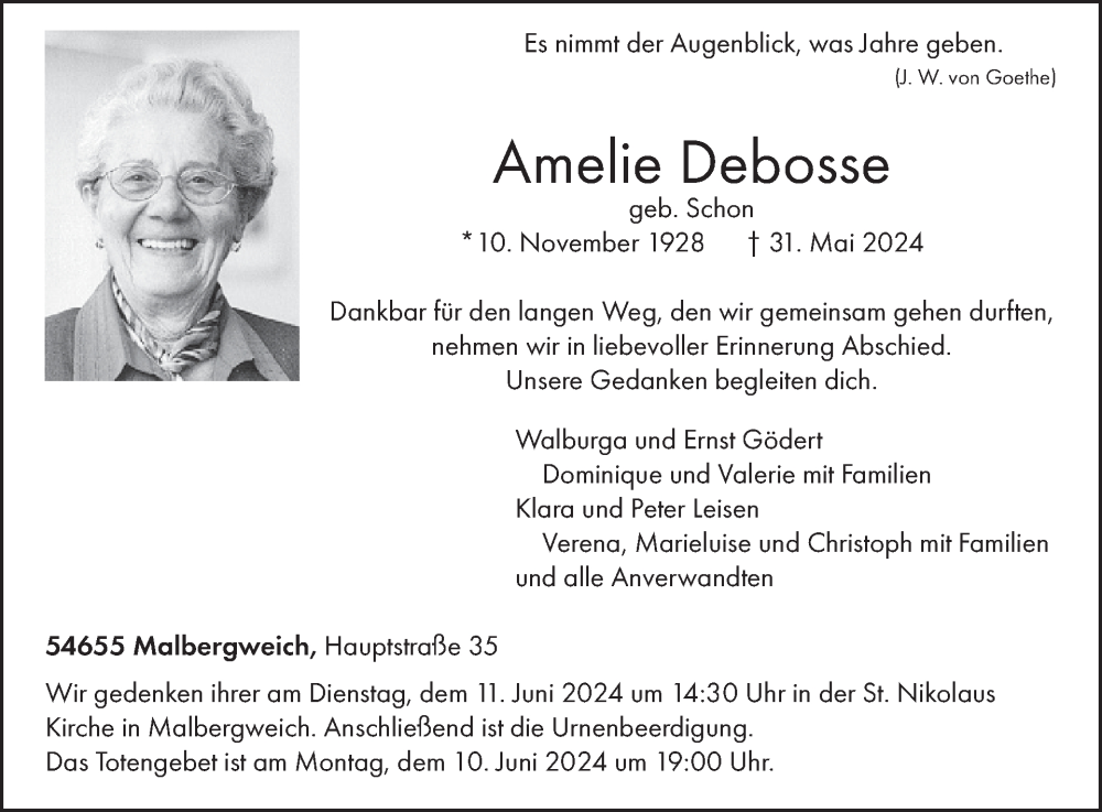  Traueranzeige für Amelie Debosse vom 07.06.2024 aus WochenSpiegel