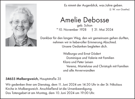Traueranzeige von Amelie Debosse von WochenSpiegel