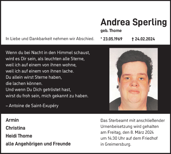Traueranzeige von Andrea Sperling von WochenSpiegel