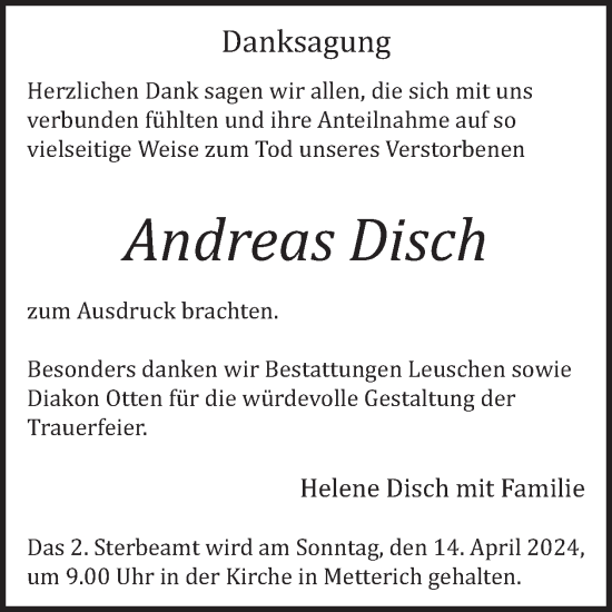 Traueranzeige von Andreas Disch von WochenSpiegel