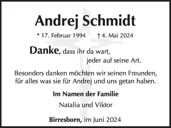 Traueranzeige von Andrej Schmidt von WochenSpiegel