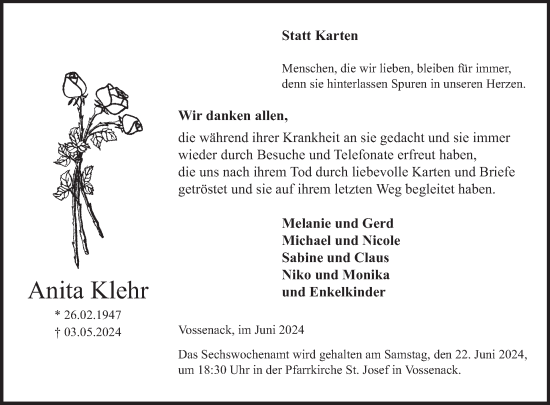 Traueranzeige von Anita Klehr von WochenSpiegel