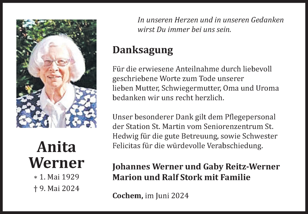  Traueranzeige für Anita Werner vom 26.06.2024 aus WochenSpiegel