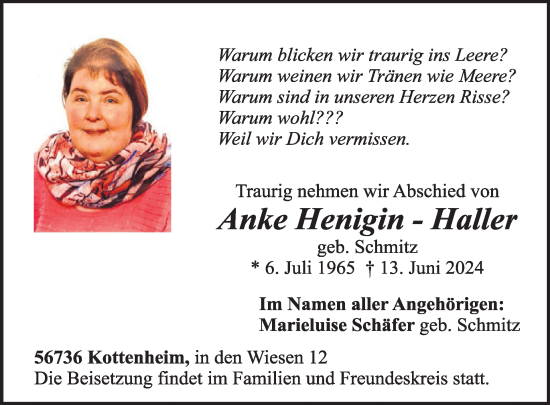 Traueranzeige von Anke  Henigin-Haller von WochenSpiegel