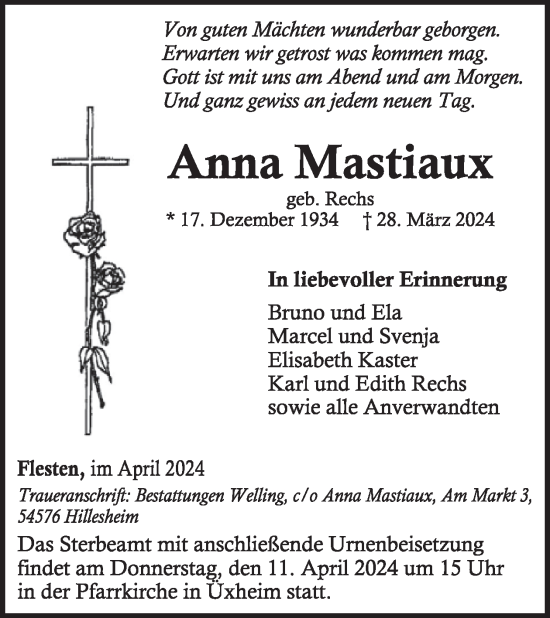 Traueranzeige von Anna Mastiaux von WochenSpiegel