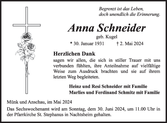 Traueranzeige von Anna Schneider von WochenSpiegel