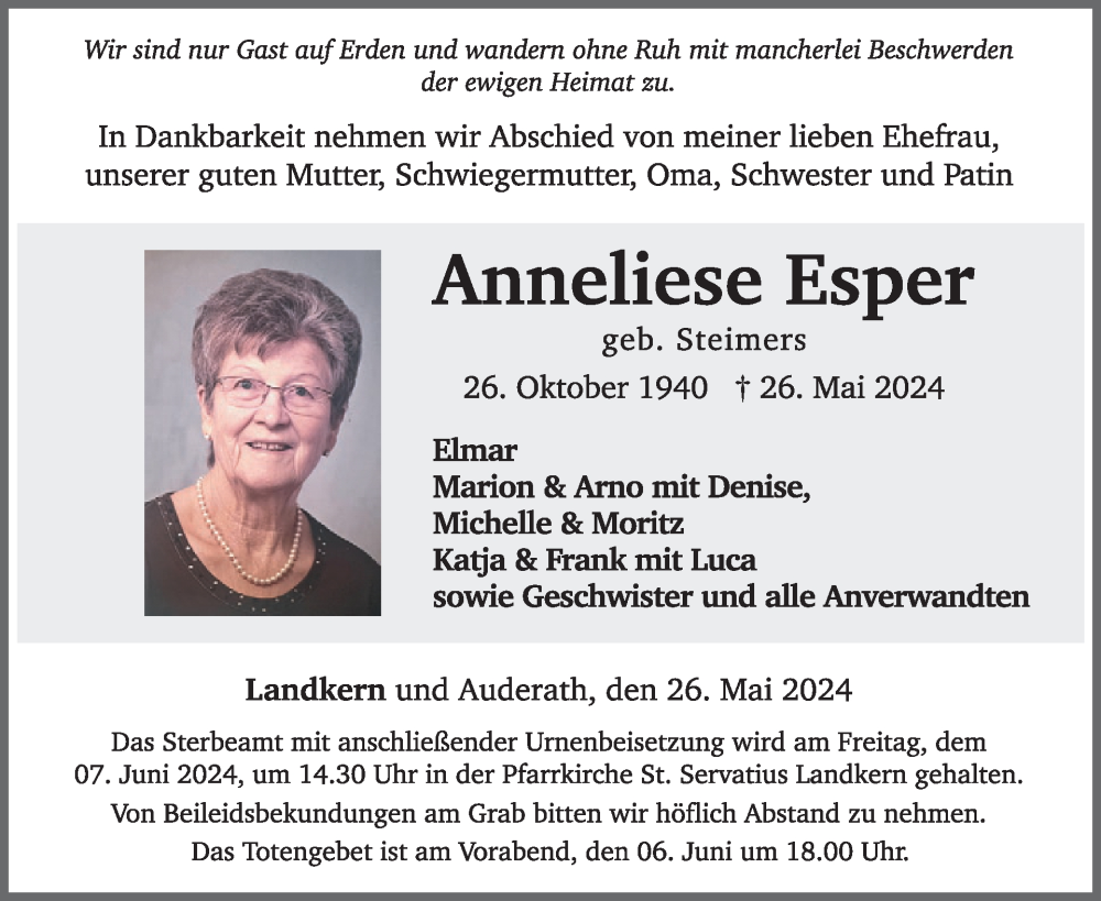  Traueranzeige für Anneliese Esper vom 05.06.2024 aus WochenSpiegel