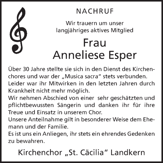 Traueranzeige von Anneliese Esper von WochenSpiegel