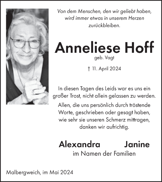 Traueranzeige von Anneliese Hoff von WochenSpiegel