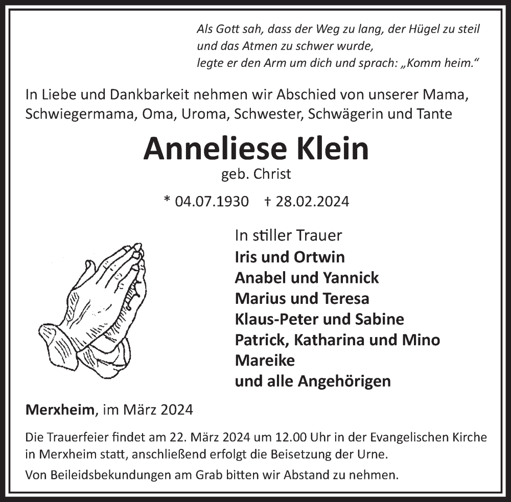  Traueranzeige für Anneliese Klein vom 16.03.2024 aus WochenSpiegel