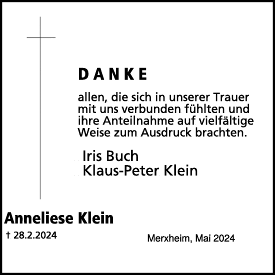Traueranzeige von Anneliese Klein von WochenSpiegel