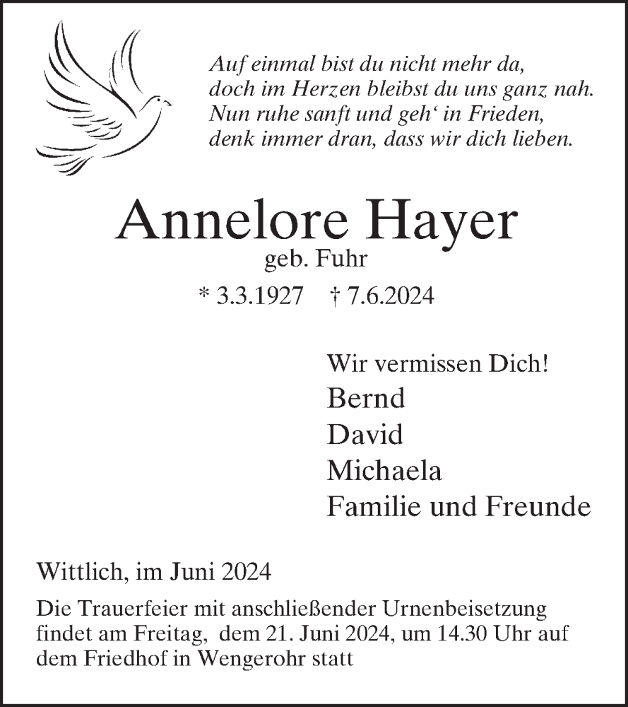  Traueranzeige für Annelore Hayer vom 14.06.2024 aus WochenSpiegel
