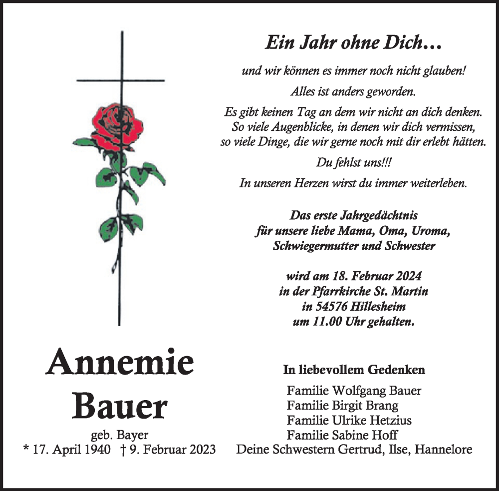  Traueranzeige für Annemie Bauer vom 10.02.2024 aus WochenSpiegel
