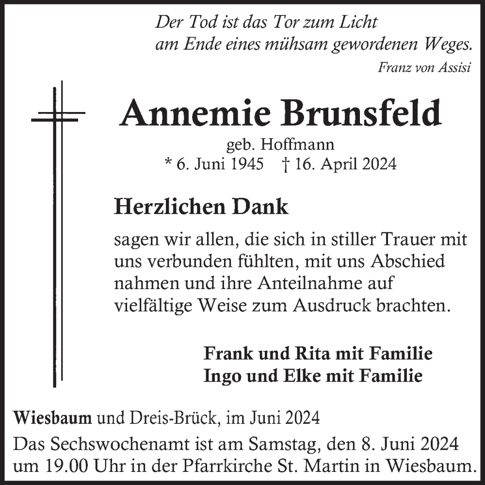  Traueranzeige für Annemie Brunsfeld vom 01.06.2024 aus WochenSpiegel