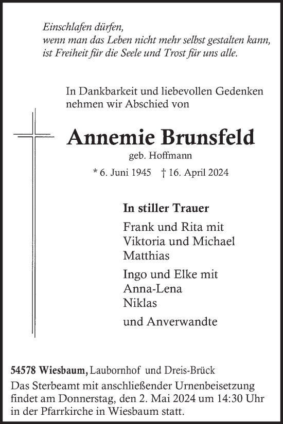 Traueranzeige von Annemie Brunsfeld von WochenSpiegel