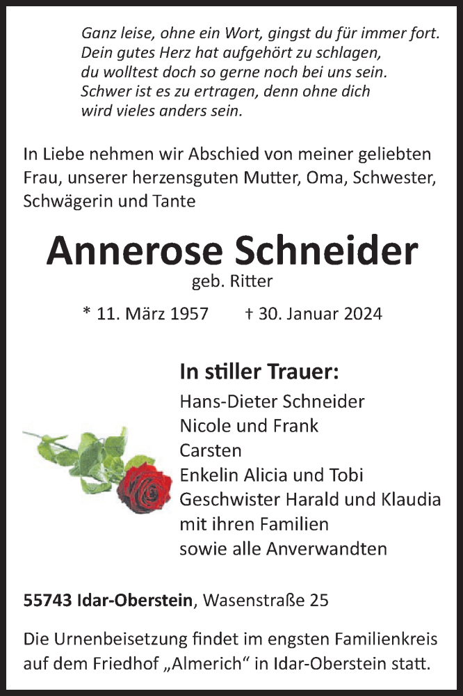  Traueranzeige für Annerose Schneider vom 10.02.2024 aus WochenSpiegel