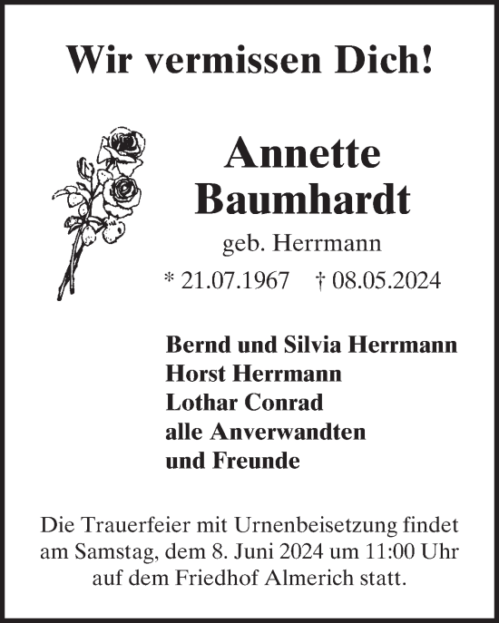 Traueranzeige von Annette Baumhardt von WochenSpiegel
