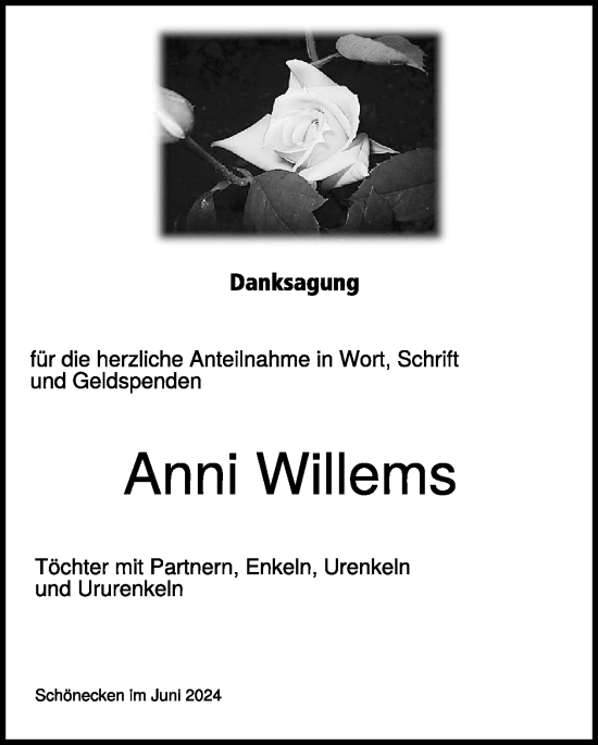 Traueranzeige von Anni Willems von WochenSpiegel