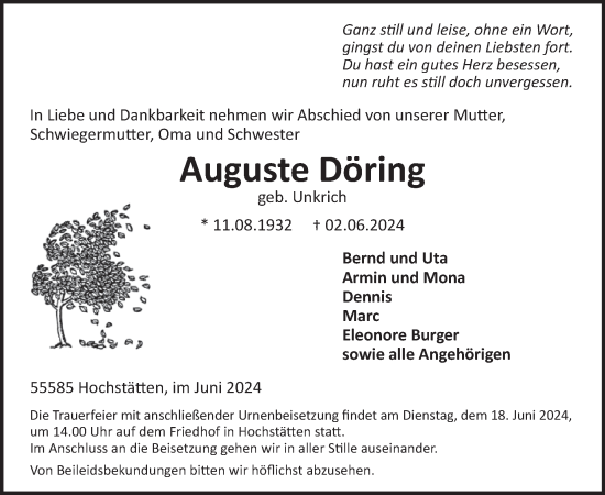 Traueranzeige von Auguste Döring von WochenSpiegel
