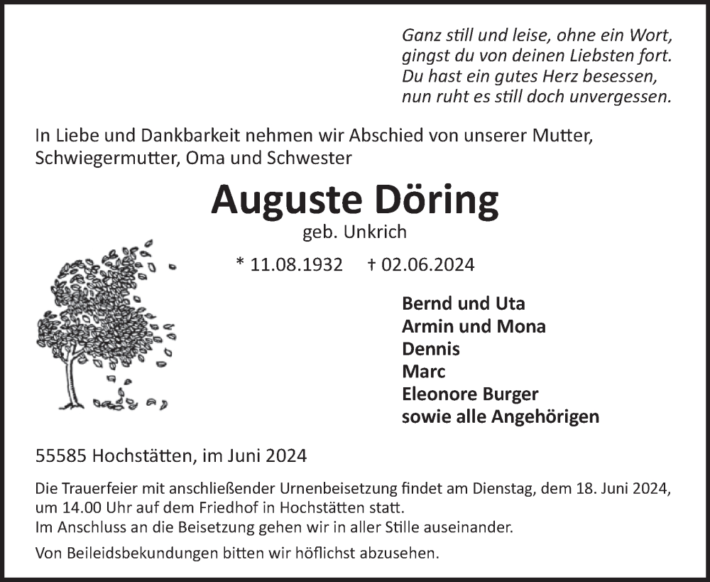  Traueranzeige für Auguste Döring vom 15.06.2024 aus WochenSpiegel