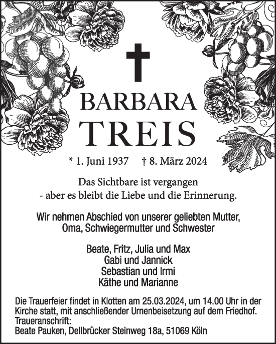 Traueranzeige von Barbara Treis von WochenSpiegel