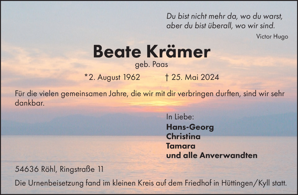  Traueranzeige für Beate Krämer vom 14.06.2024 aus WochenSpiegel