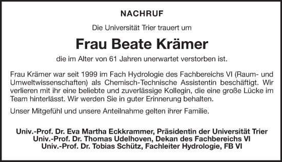 Traueranzeige von Beate Krämer von WochenSpiegel
