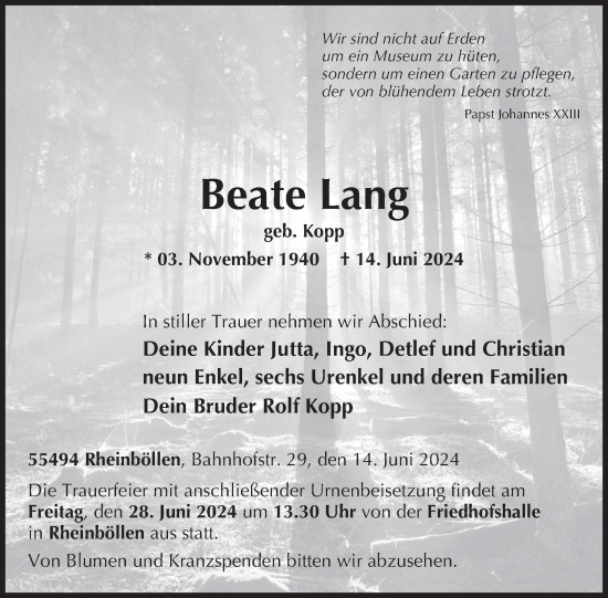 Traueranzeige von Beate Lang von WochenSpiegel