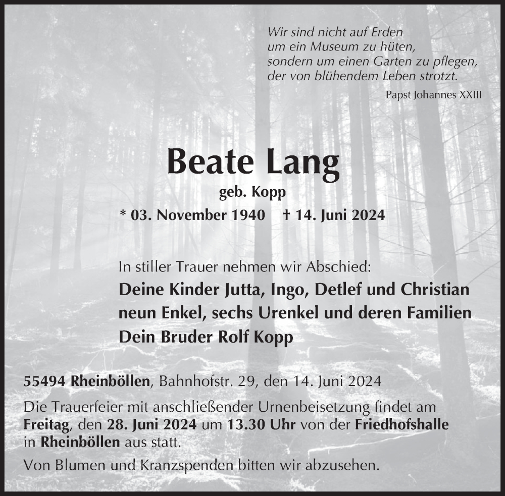  Traueranzeige für Beate Lang vom 22.06.2024 aus WochenSpiegel