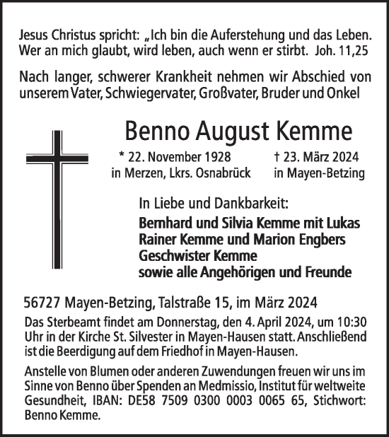 Traueranzeige von Benno August Kemme von WochenSpiegel