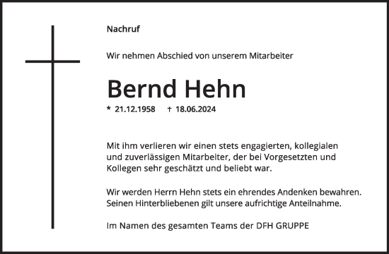 Traueranzeige von Bernd Hehn von WochenSpiegel