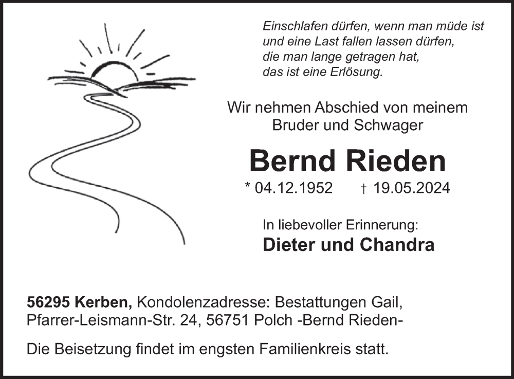  Traueranzeige für Bernd Rieden vom 05.06.2024 aus WochenSpiegel