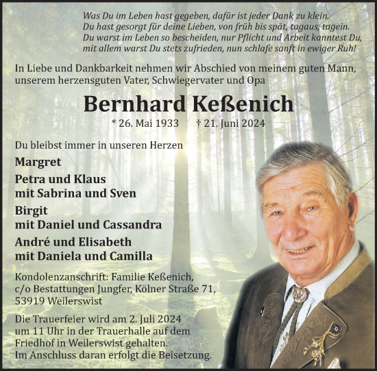 Traueranzeige von Bernhard Keßenich von WochenSpiegel