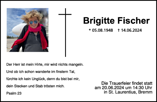 Traueranzeige von Brigitte Fischer von WochenSpiegel