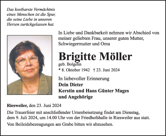 Traueranzeige von Brigitte Möller von WochenSpiegel