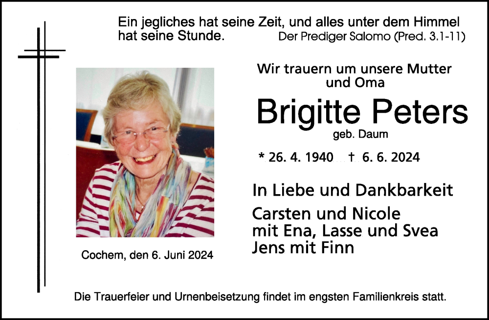  Traueranzeige für Brigitte Peters vom 19.06.2024 aus WochenSpiegel
