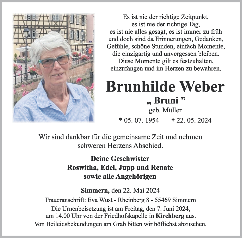  Traueranzeige für Brunhilde Weber vom 01.06.2024 aus WochenSpiegel
