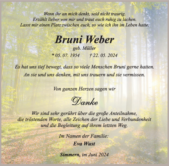 Traueranzeige von Bruni Weber von WochenSpiegel