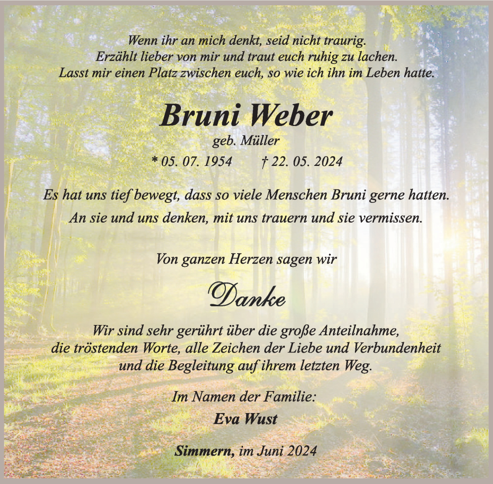  Traueranzeige für Bruni Weber vom 29.06.2024 aus WochenSpiegel