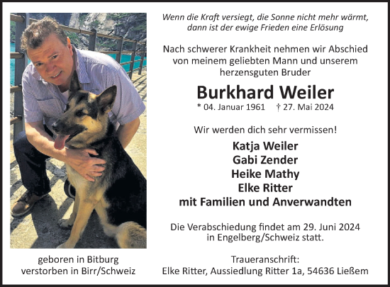 Traueranzeige von Burkhard Weiler von WochenSpiegel